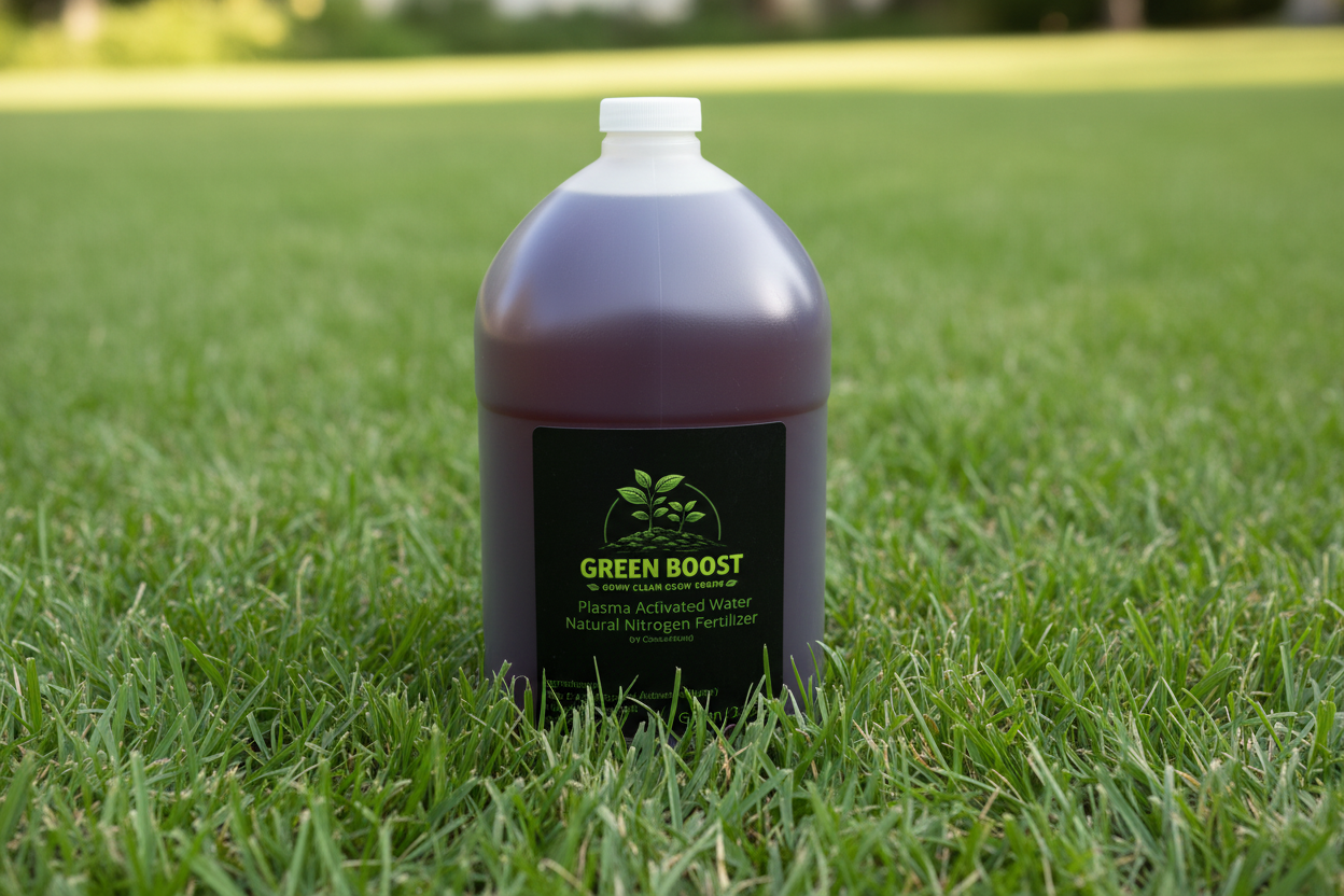 Bottle of Green Boost fertilizer on a white background